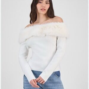 Bar III Women’s Off the Shoulder Faux-Fur  Trim Top
